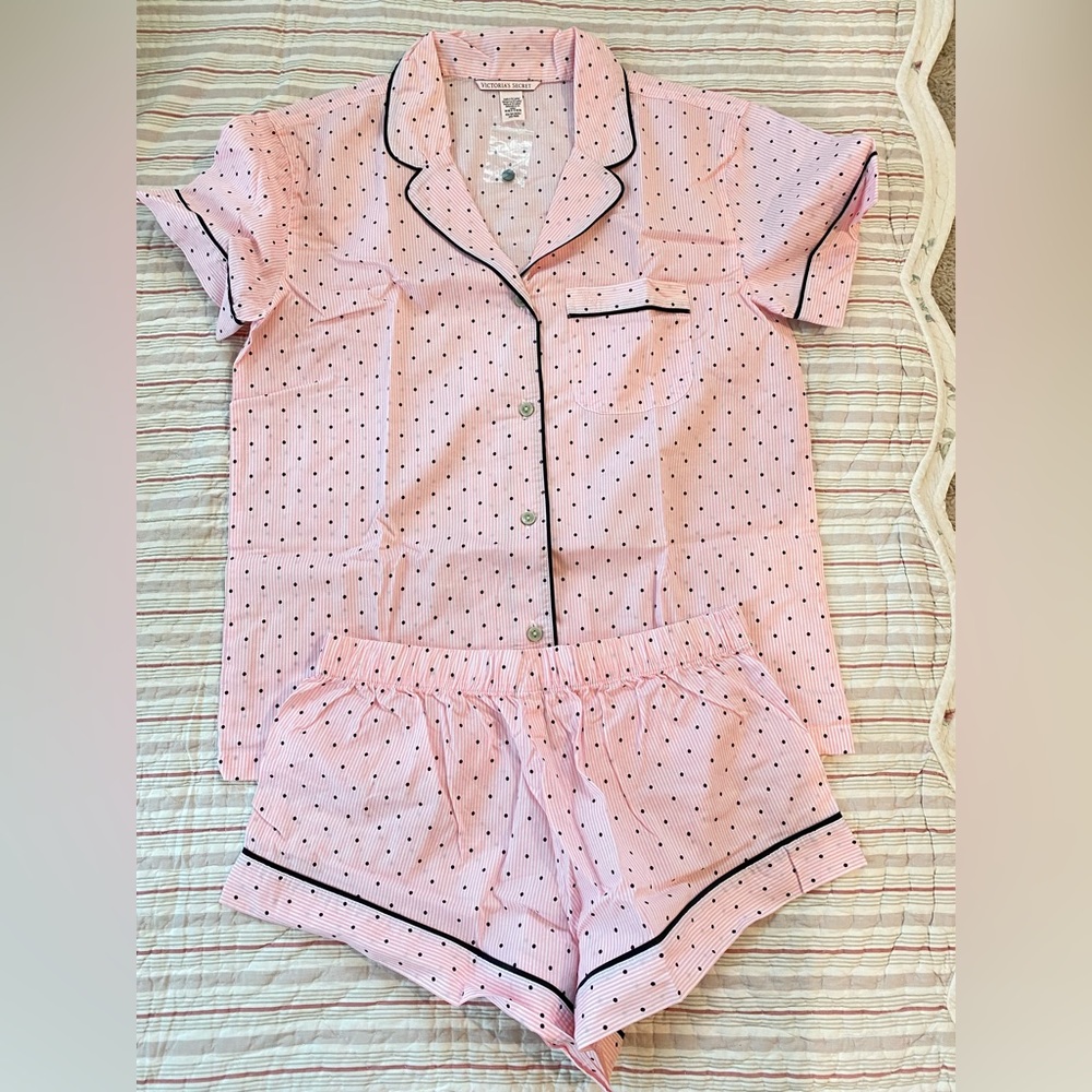 Victoria's Secret Cotton Short Pajama Set Pink Iconic Stripe black swiss dot XS